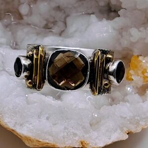 Artisan Sterling Silver 925 Smoky Quartz Gold Accent Wide Ring